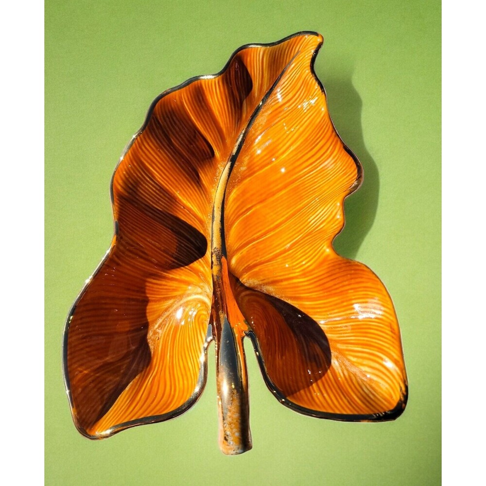 Vintage 1963 HULL USA Imperial Caladium Leaf Large Dish Detailed Orange & Gold